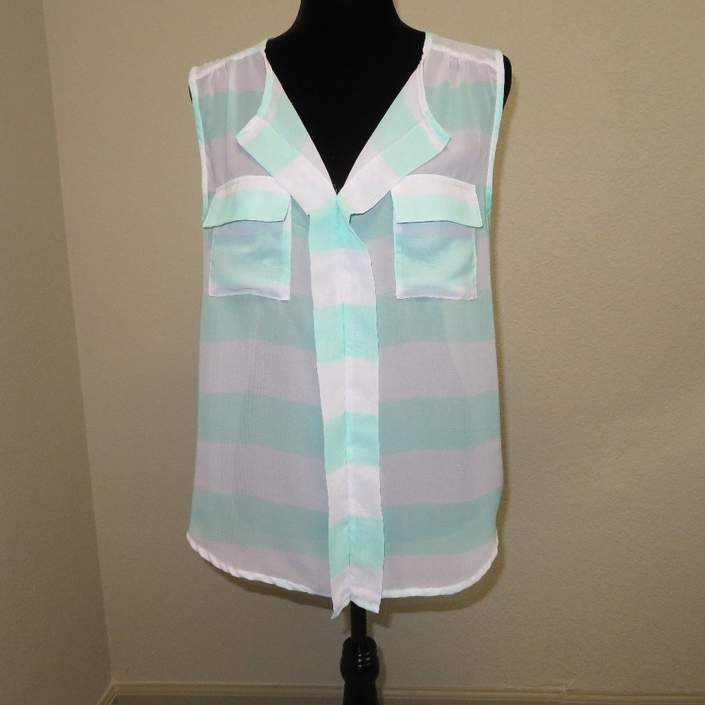 RUE 21 White Sheer V neck Top w/Green Stripe Large